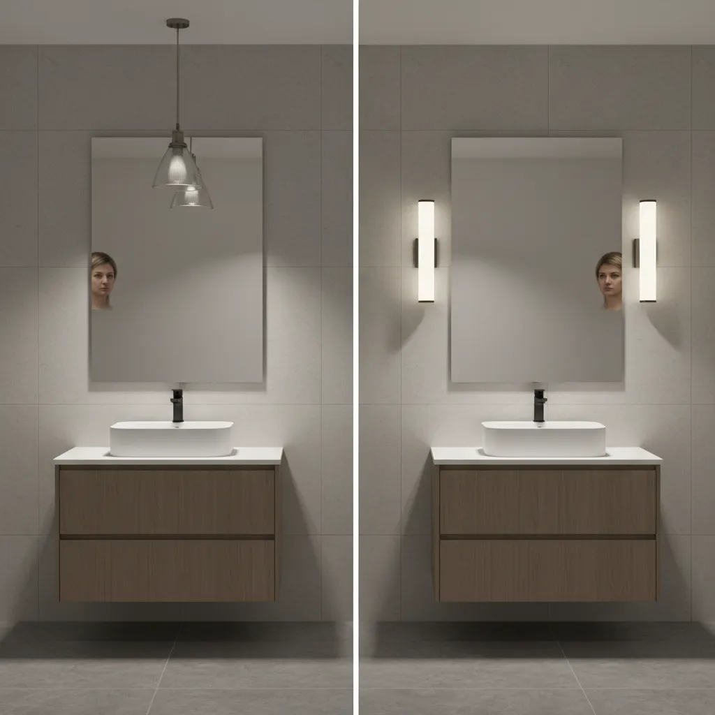 Comparison of lighting shadows from overhead pendant versus side sconces