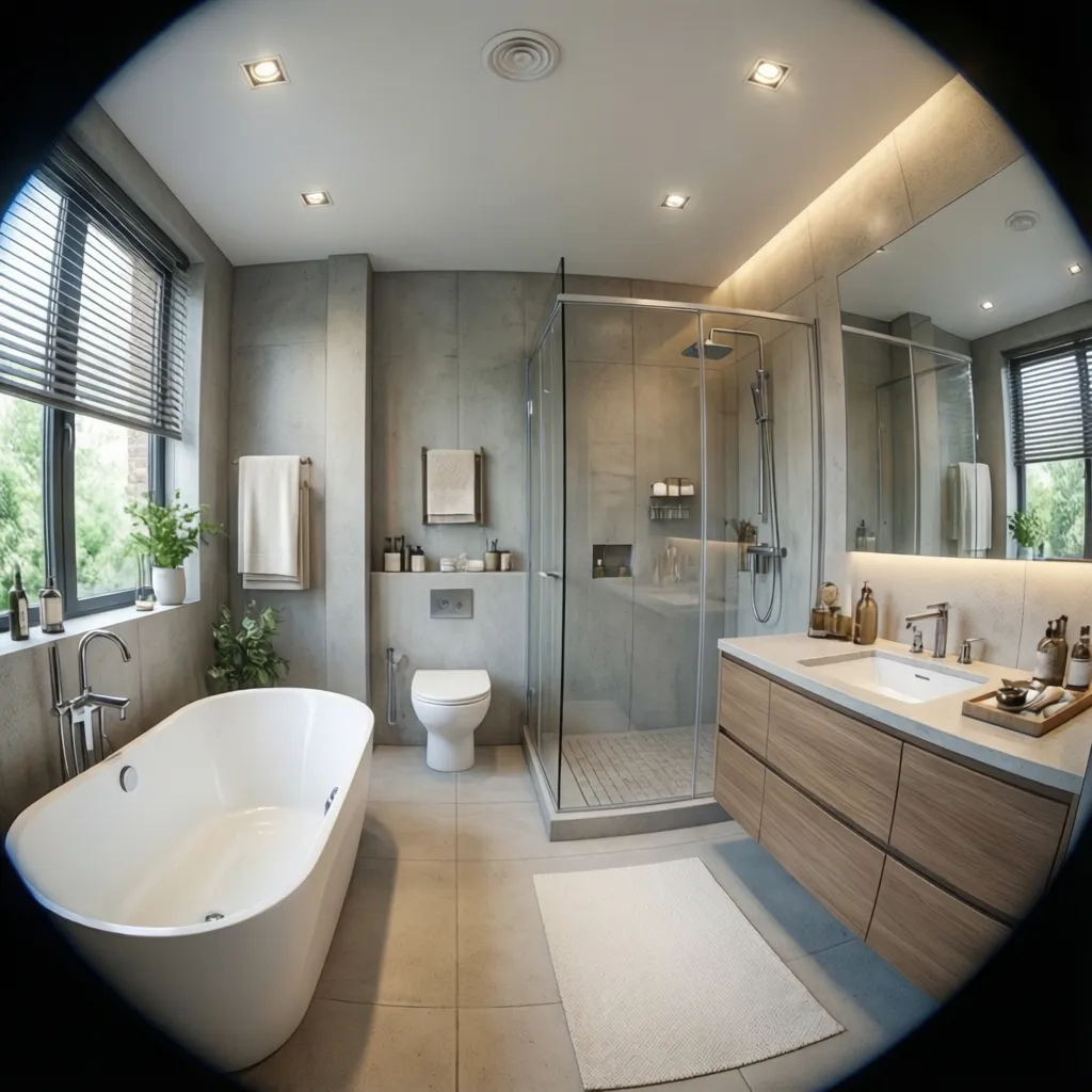 Bathroom interior demonstrating safe lighting placement zones