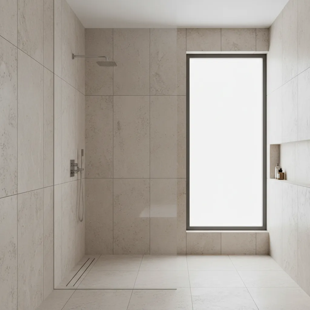walk in shower with wall linear drain and large tiles