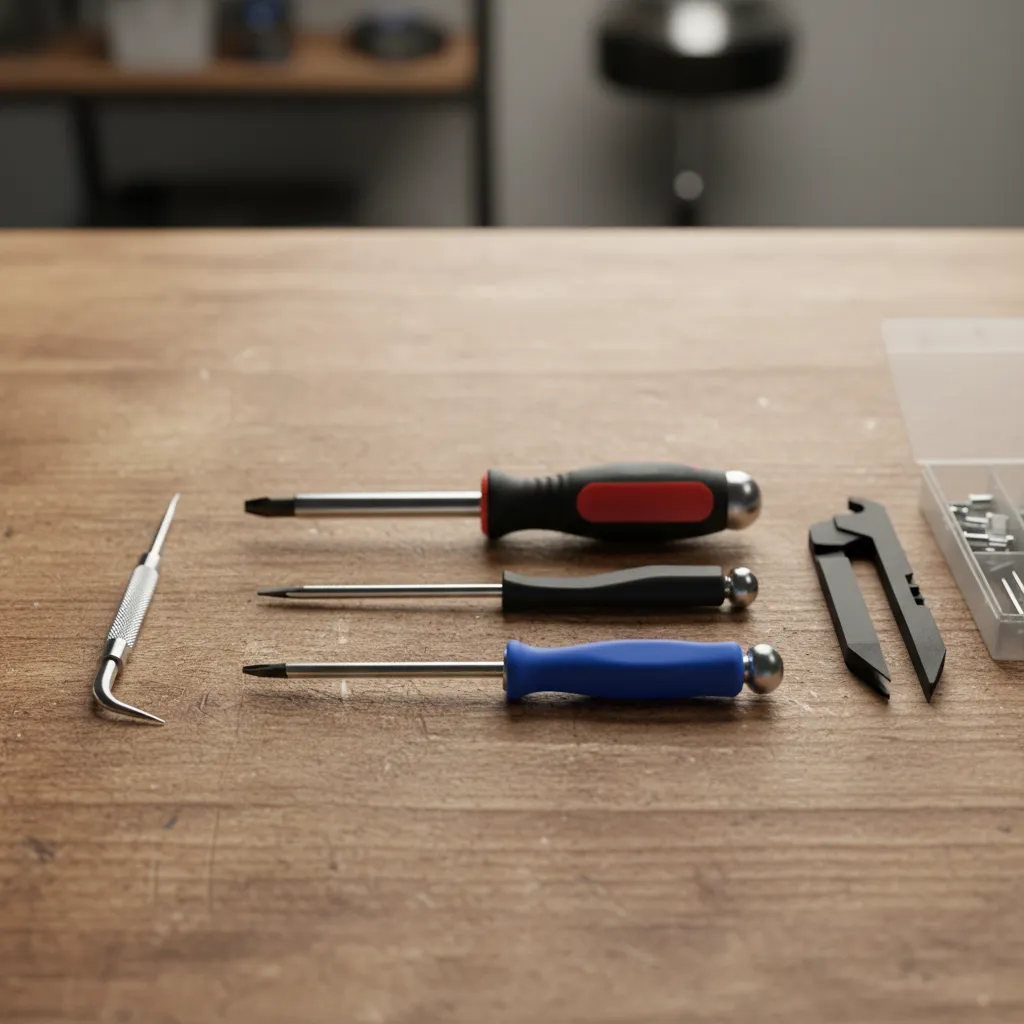 Basic tools including screwdrivers and pick tool for removing bathroom privacy locks