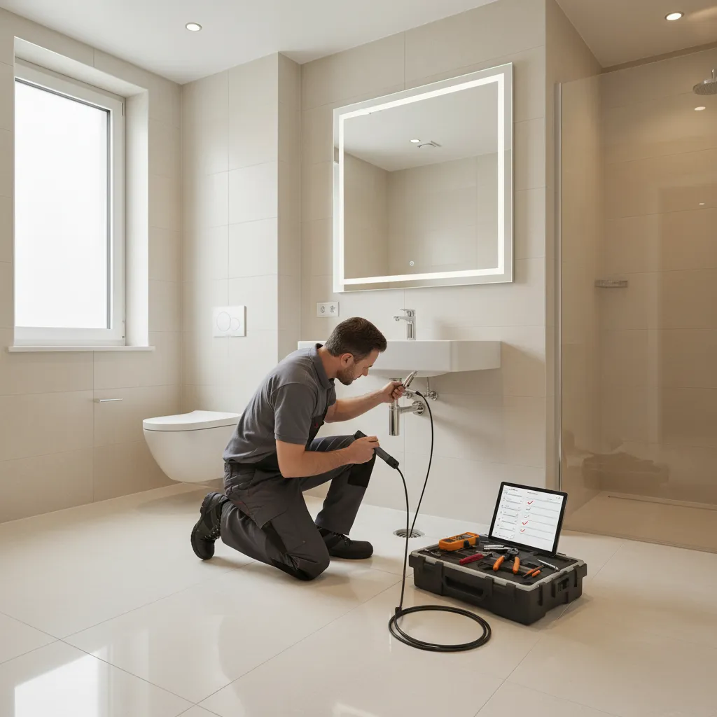 Maintenance worker inspecting bathroom plumbing and drain system
