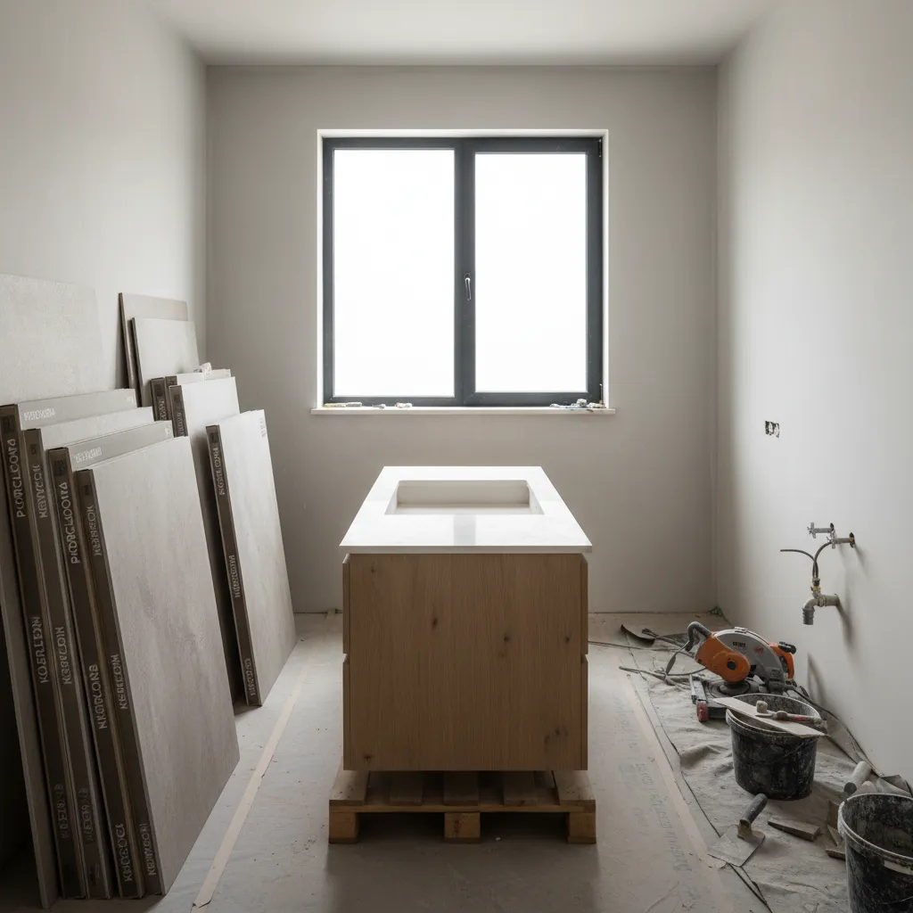 Bathroom renovation materials including tile boxes and vanity waiting for installation