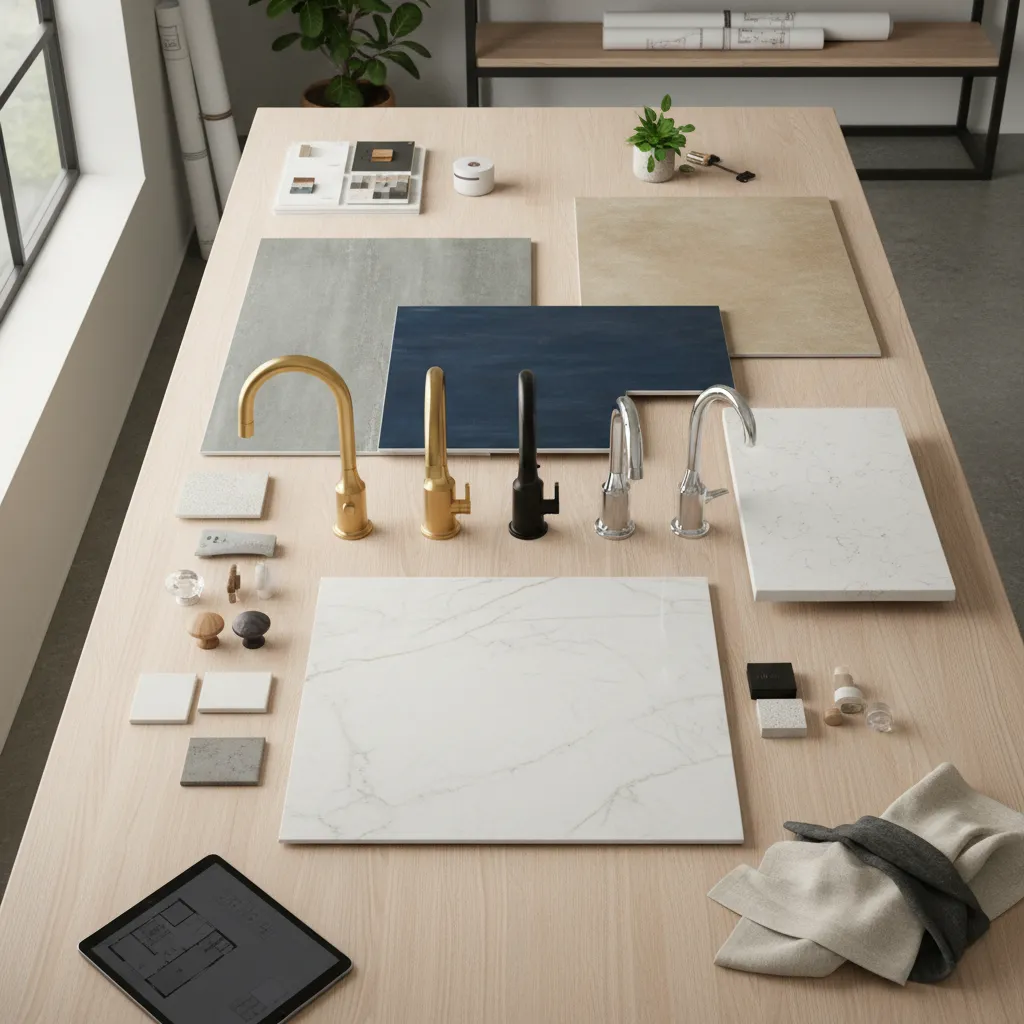 Bathroom tile and fixture samples arranged on design table