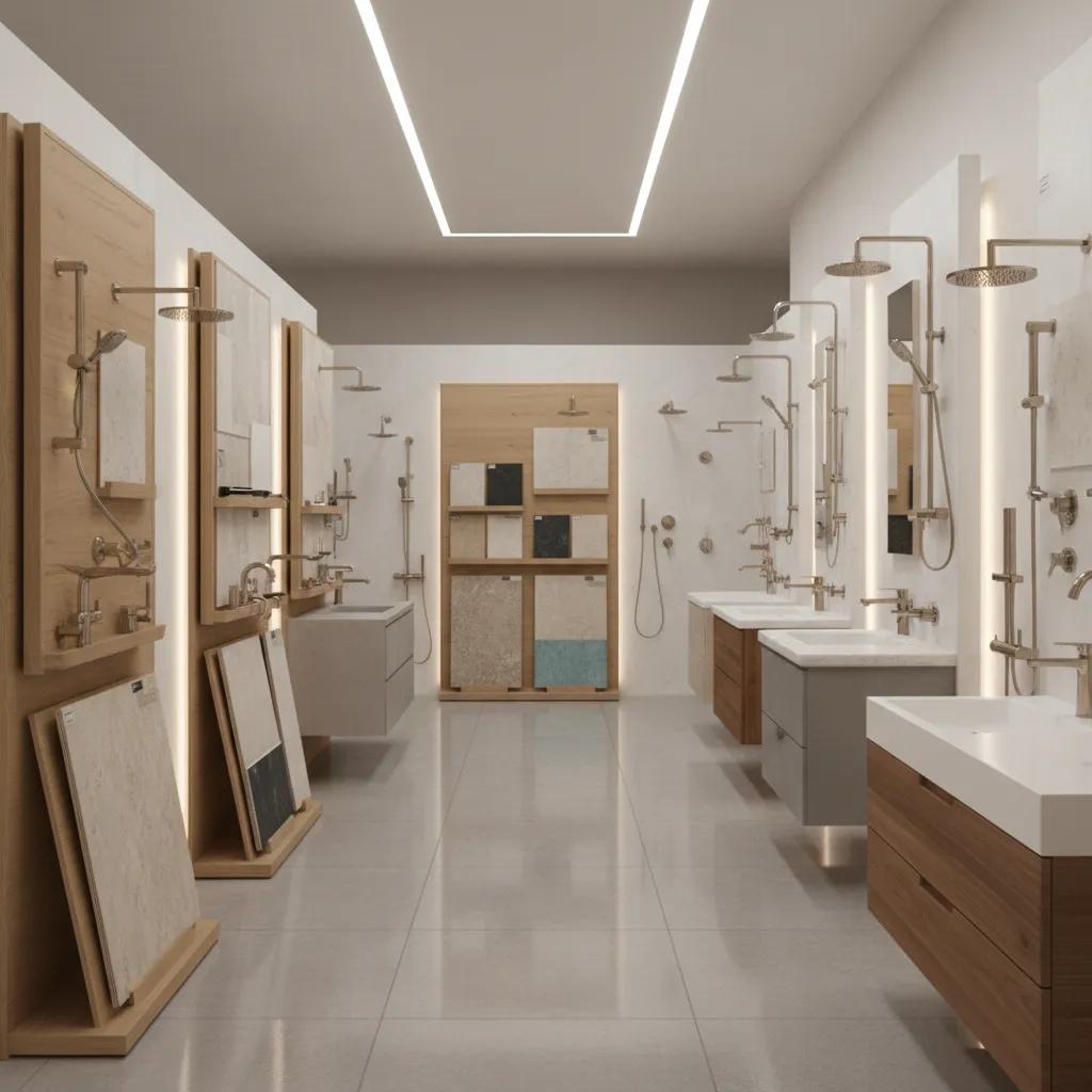bathroom material selection tiles faucets and vanity samples in showroom