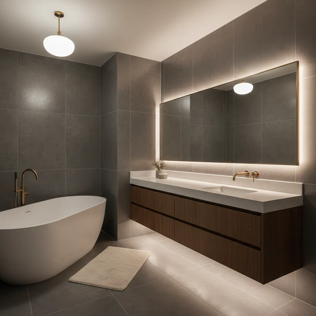 Materiales modernos para baño como porcelánico y muebles suspendidos