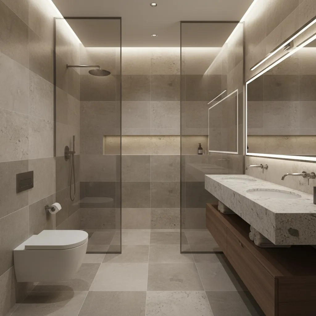 Modern stone bathroom with double sink wooden cabinet glass shower wall toilet and bright lighting