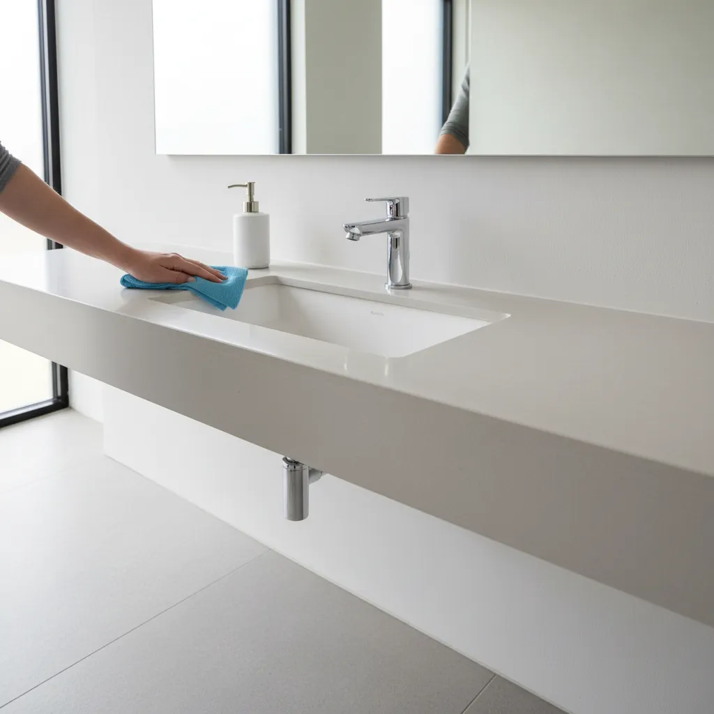 Cleaning metallic bathroom faucet with soft cloth to prevent corrosion