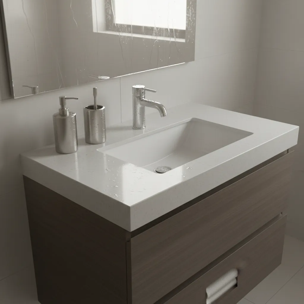 Bathroom faucet and metallic fixtures with visible condensation from humidity
