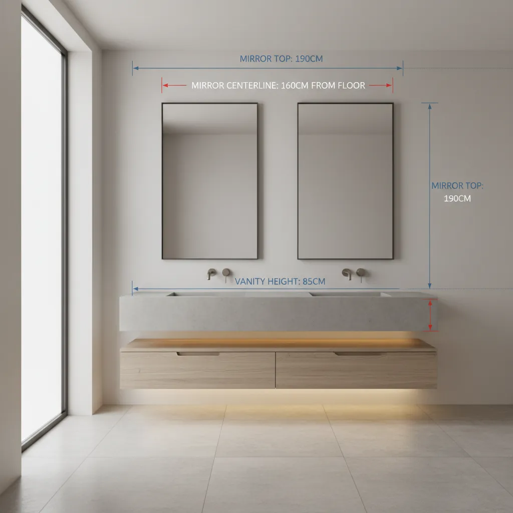Bathroom mirror height measurement showing distance from countertop and floor