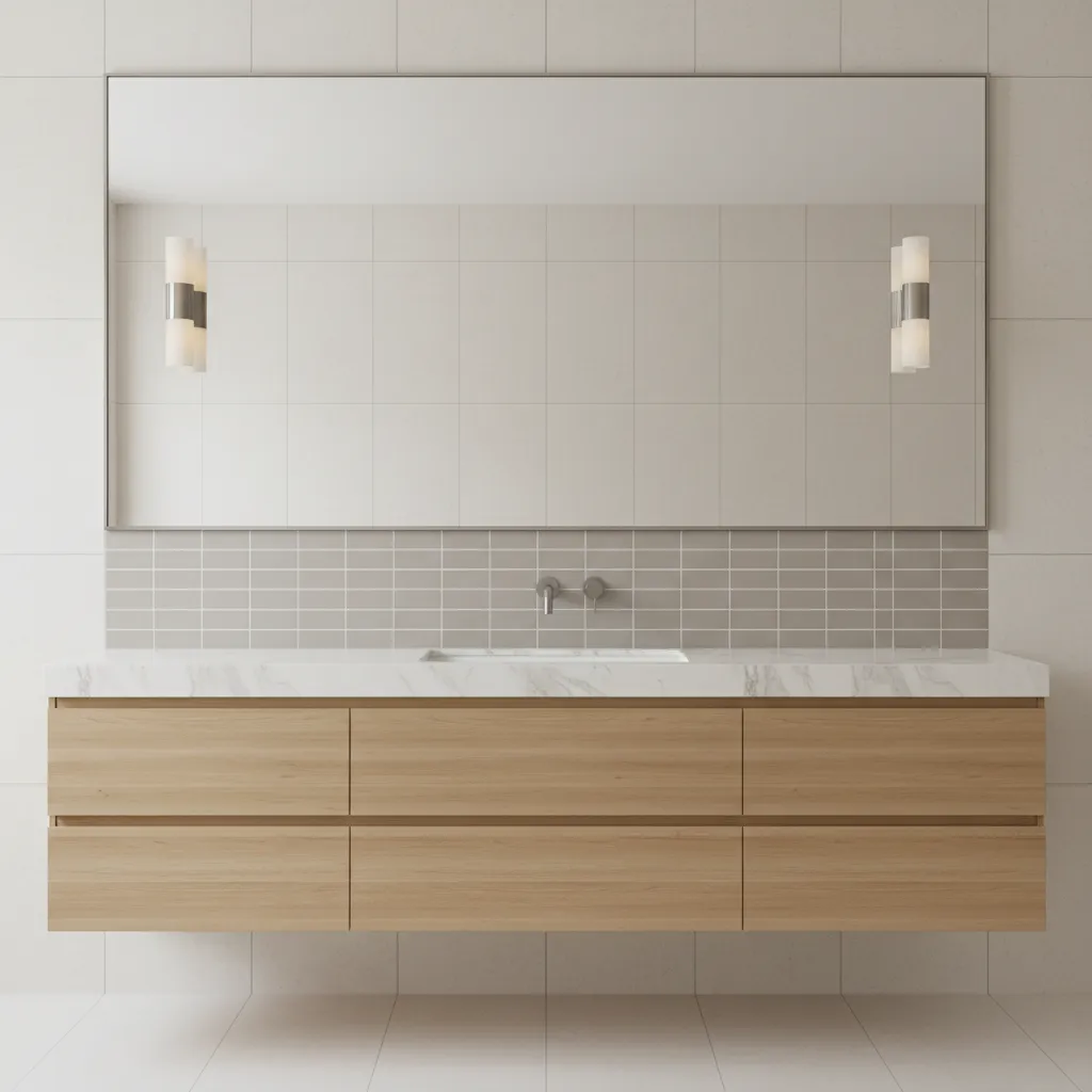 bathroom mirror and wall lights aligned with tile elevation lines