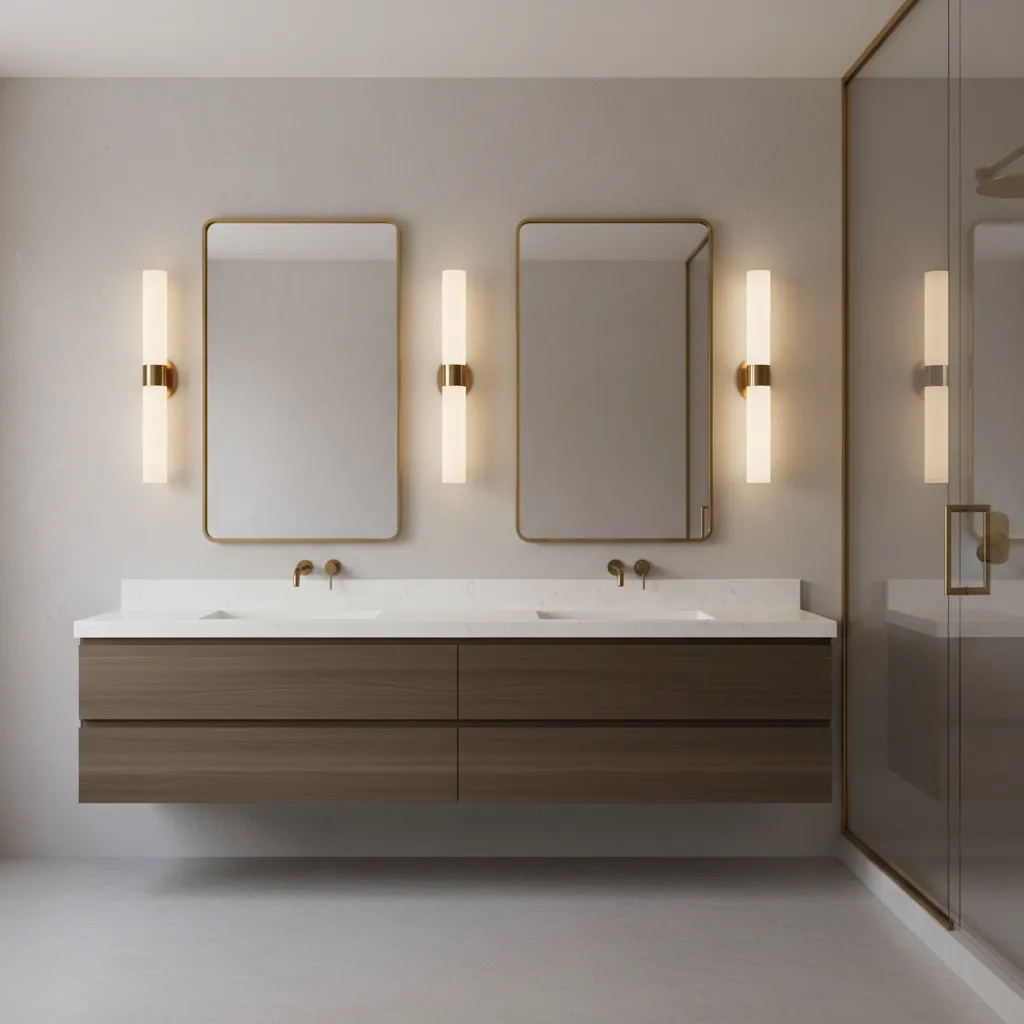vertical sconces installed beside bathroom mirrors for balanced lighting
