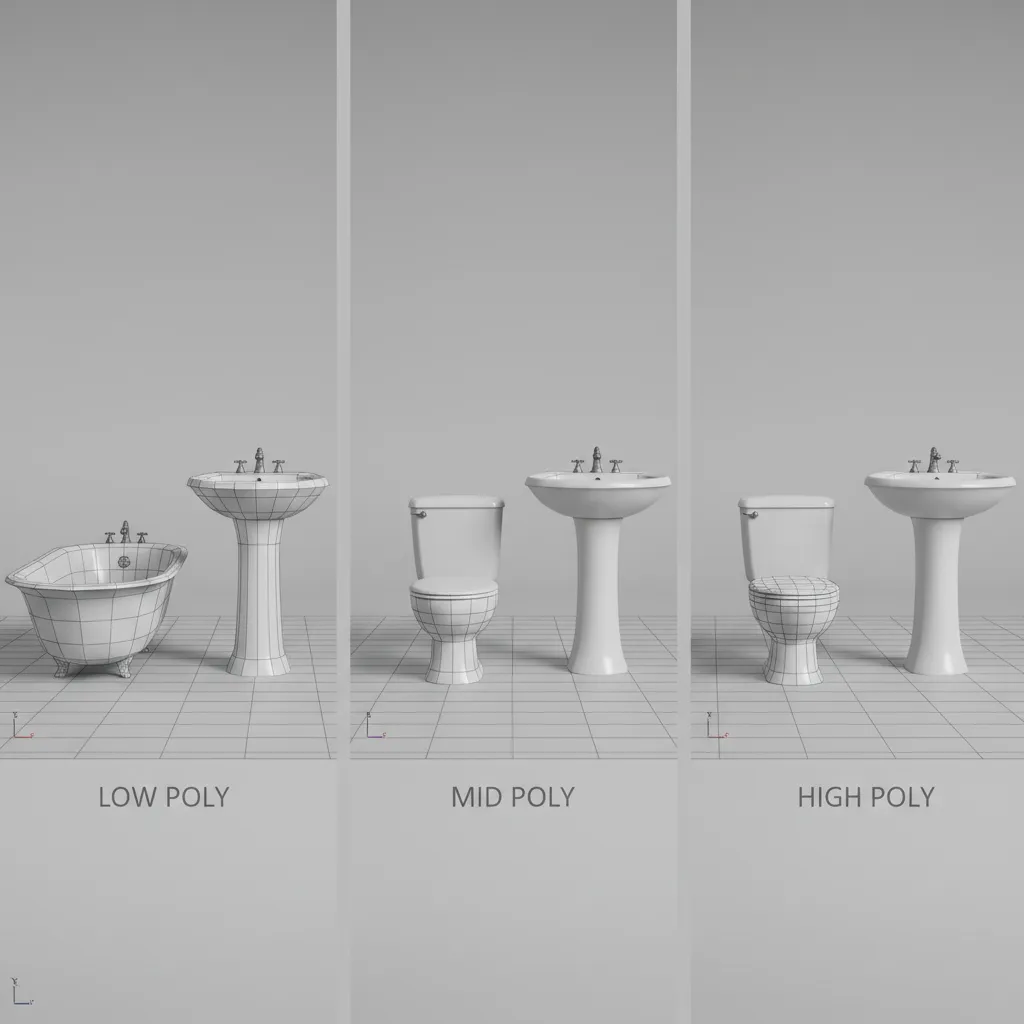 comparison of low poly mid poly and high poly bathroom 3d models in a rendering viewport
