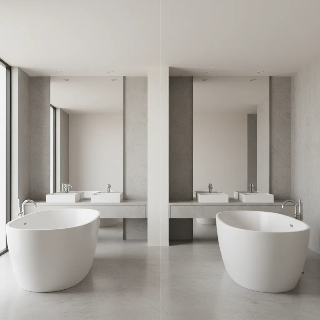 comparison of correct and incorrect scale bathroom fixtures in 3D scene