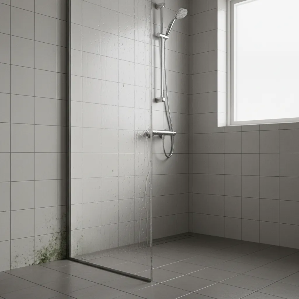 bathroom wall tiles showing mold buildup on grout lines