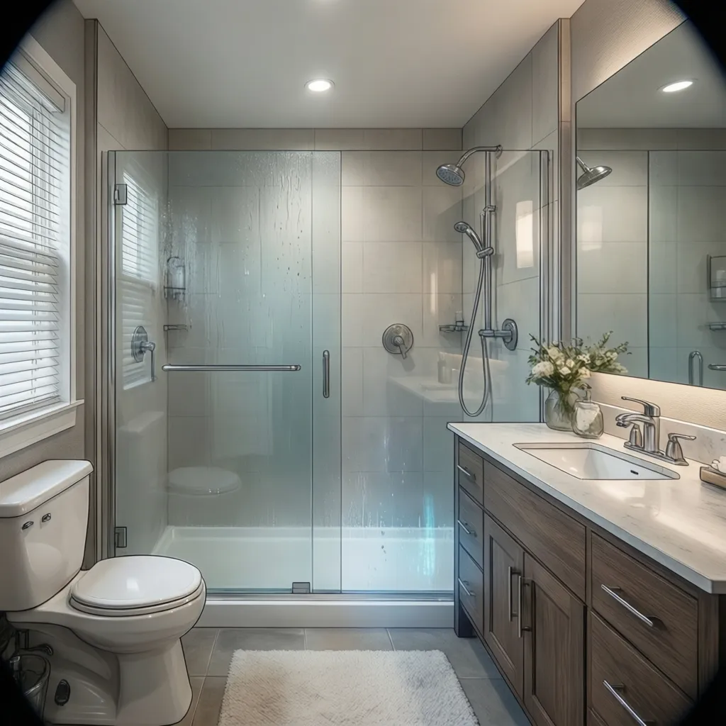 Bathroom showing moisture zones near shower and cabinet placement