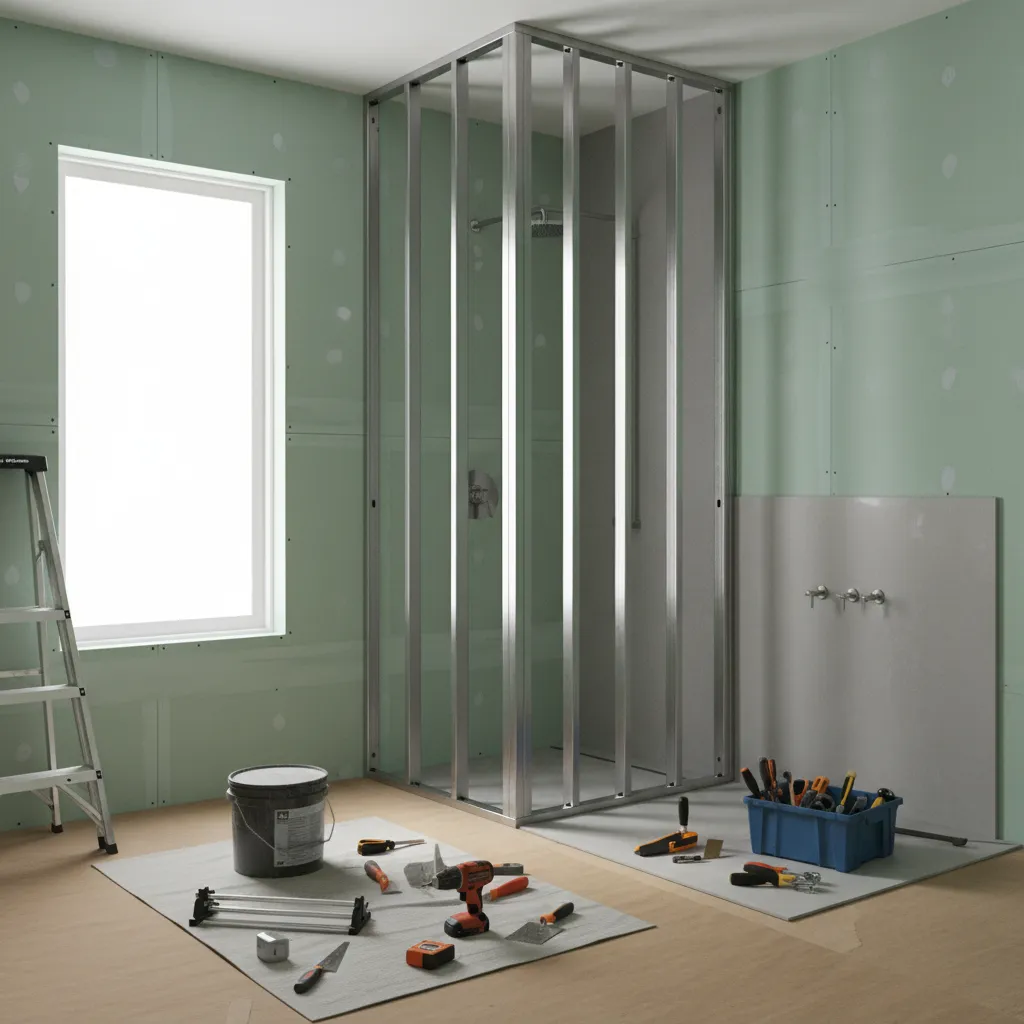 bathroom wall construction with moisture resistant drywall installed near shower area