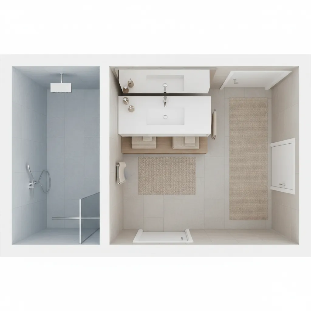 bathroom layout showing moisture zones near shower and sink