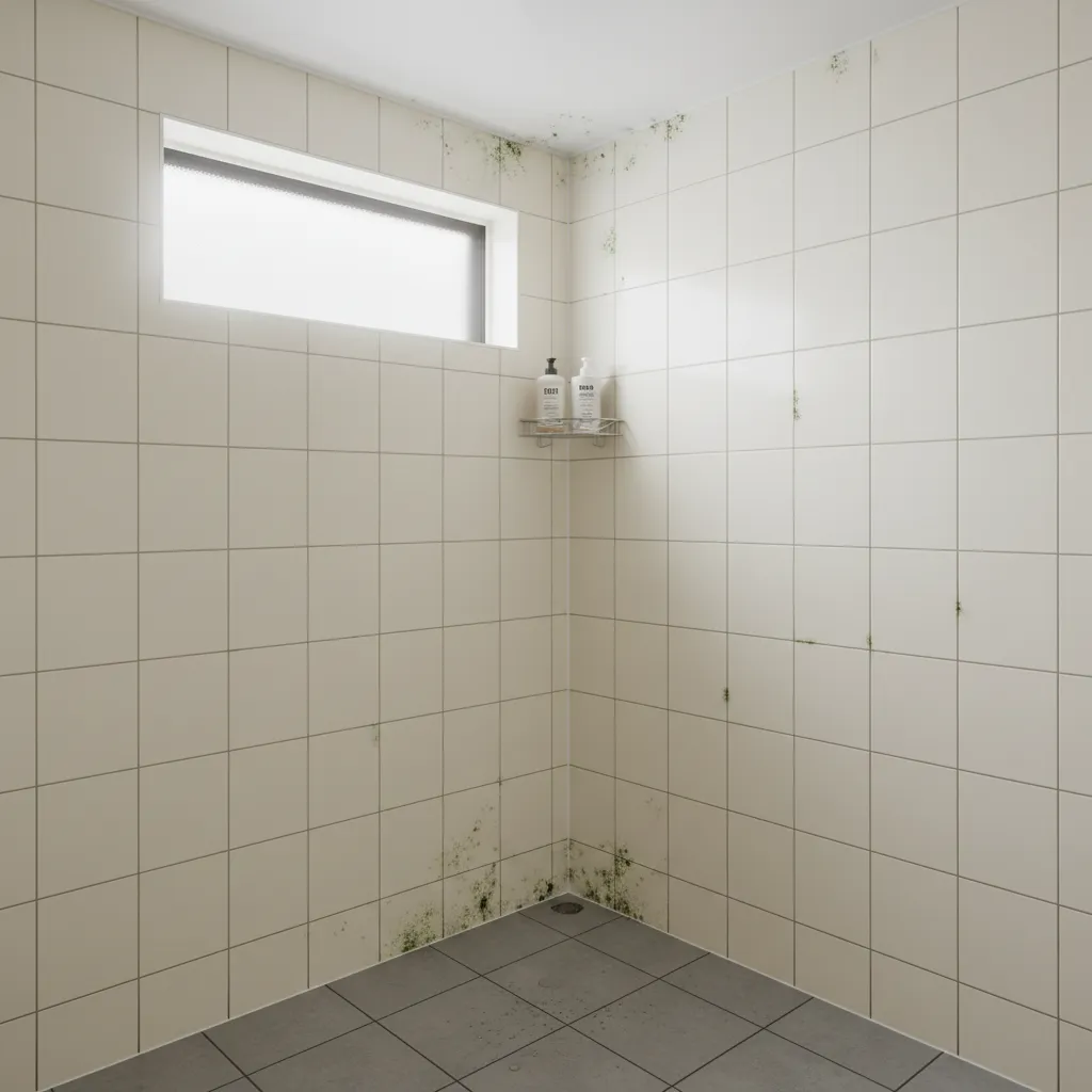 Small bathroom corner showing early mold caused by poor ventilation