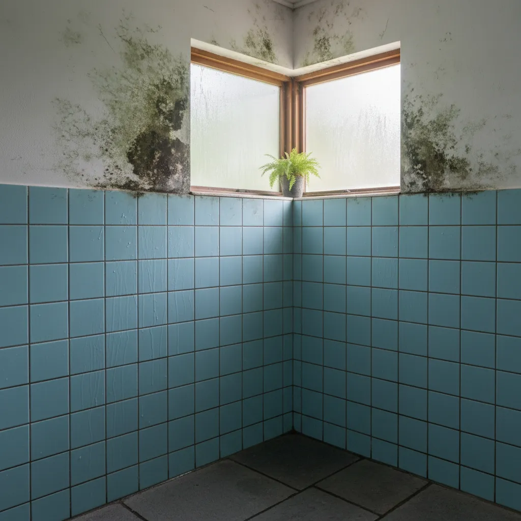 Bathroom wall corner with mold buildup caused by trapped moisture