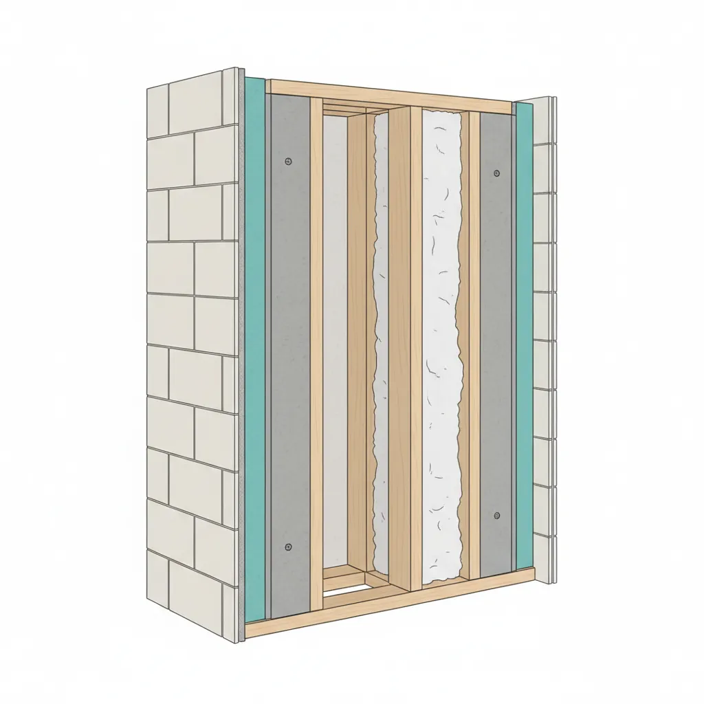 Bathroom wall construction layers showing waterproof membrane and tile