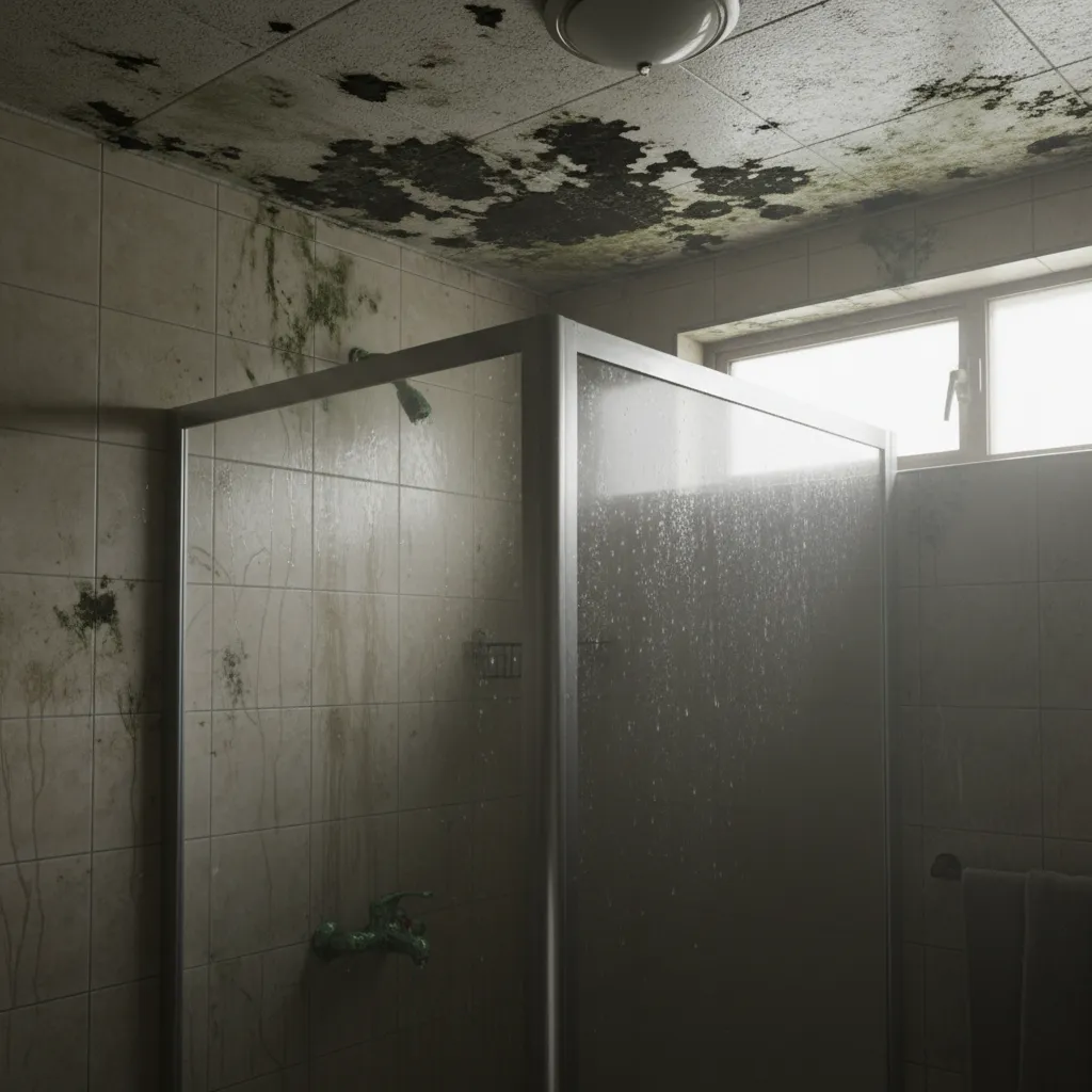 Bathroom corner with mold spots caused by poor ventilation