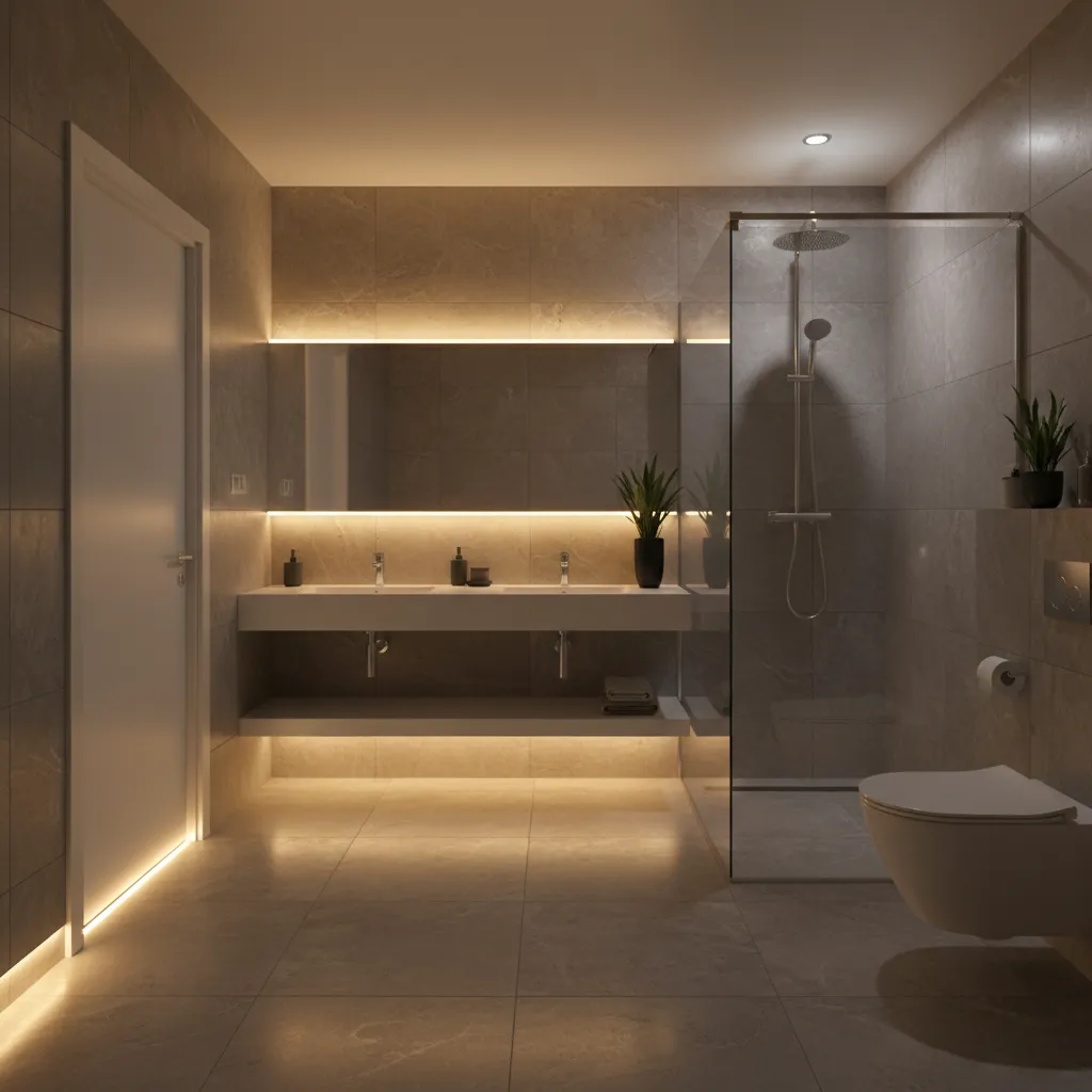 Bathroom with automatic motion sensor lighting near sink and entrance