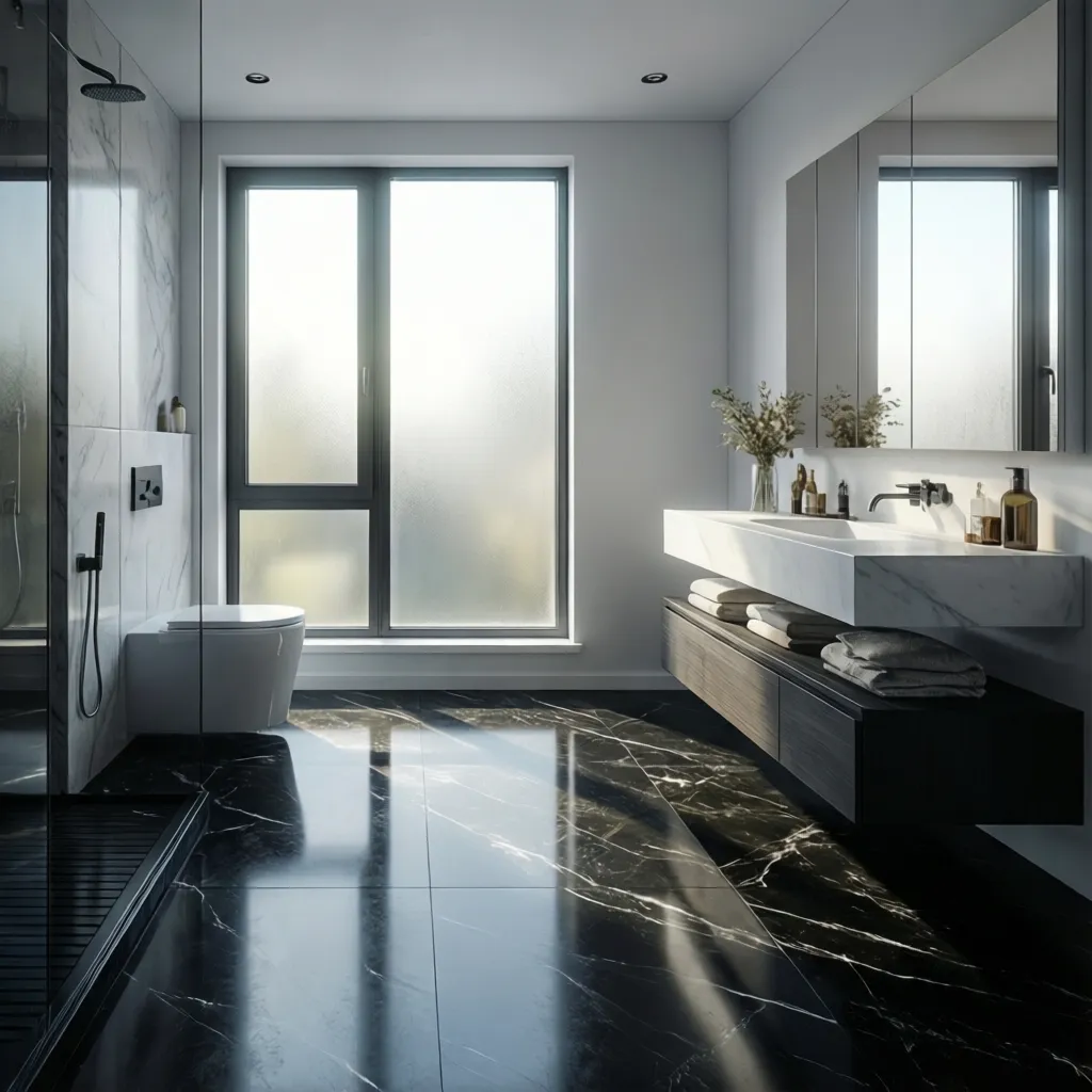 Bathroom with black marble floor illuminated by natural daylight from large window