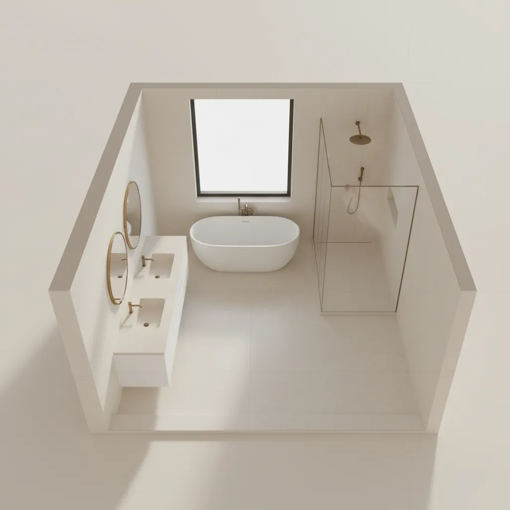 Bathroom layout visualization showing neutral color palette planning