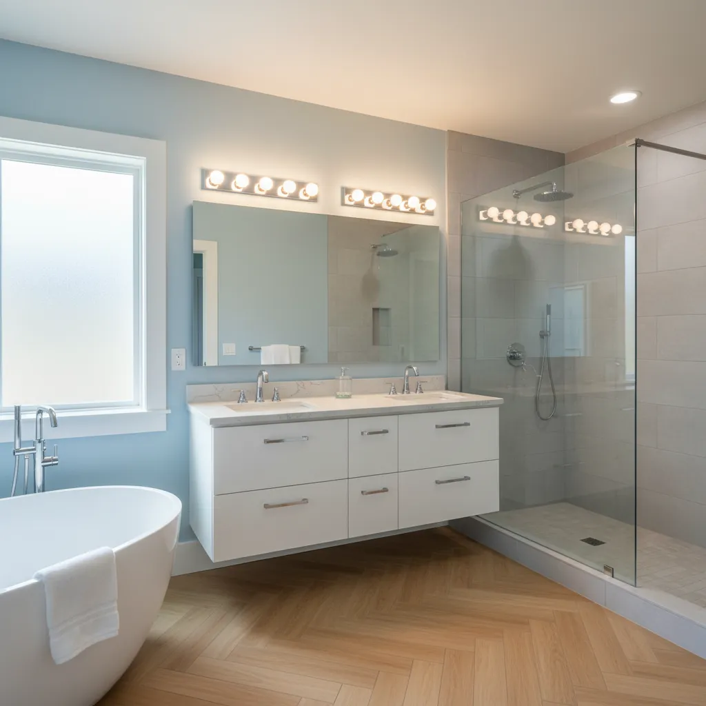 Examples of bathroom paint colors paired with balanced LED lighting
