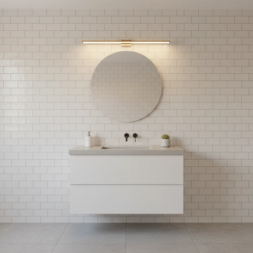 bathroom vanity wall with peel and stick subway tiles