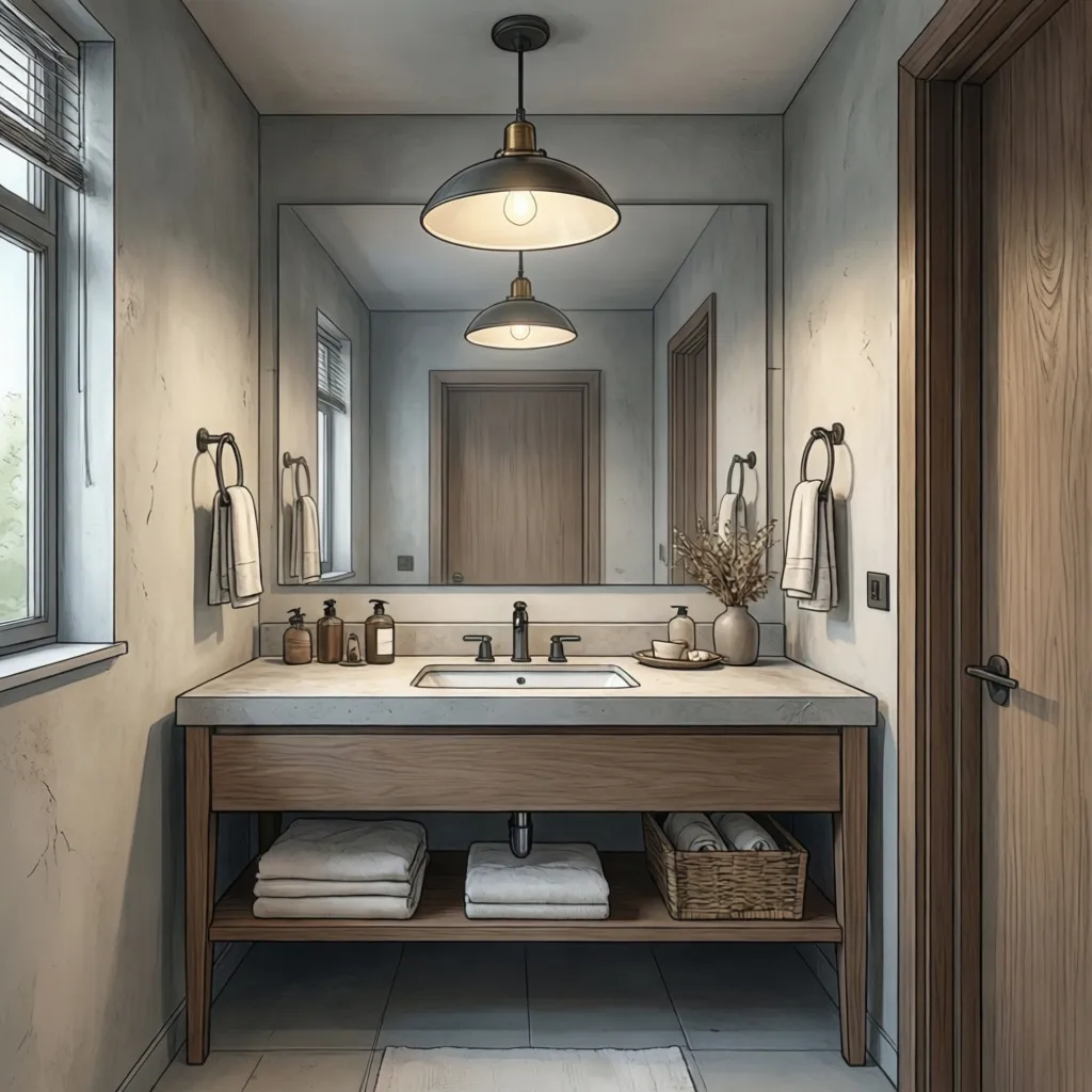 Diagram style bathroom vanity showing pendant light clearance above sink