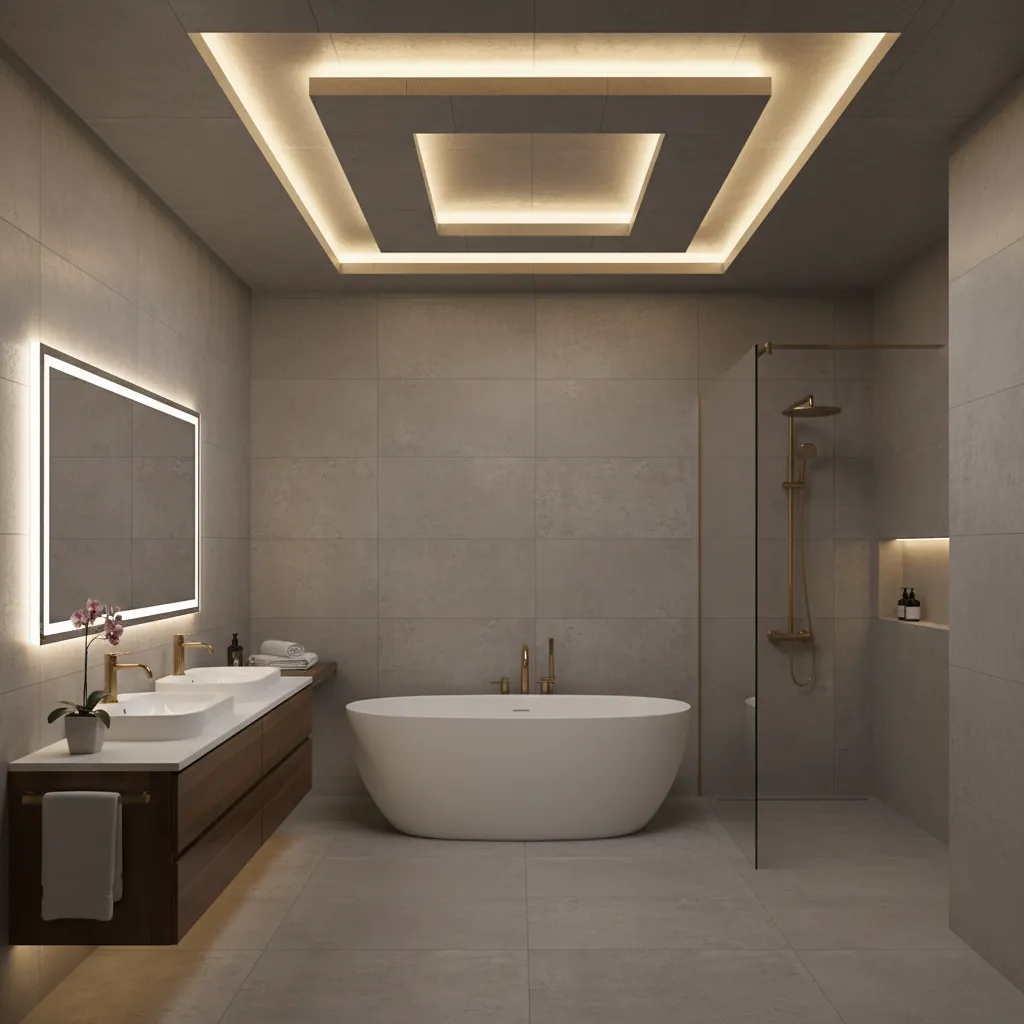 bathroom with perimeter pop ceiling and LED strip lighting