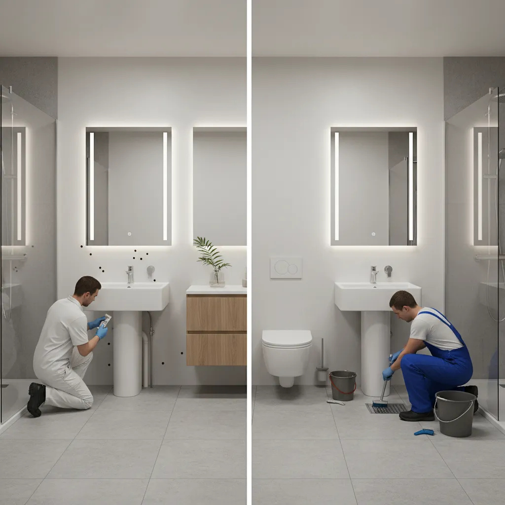 side by side bathroom scenes showing chemical treatment and maintenance prevention methods