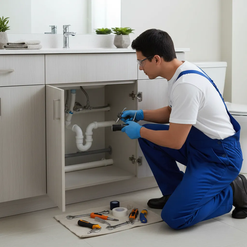 maintenance worker inspecting bathroom plumbing under sink for pests