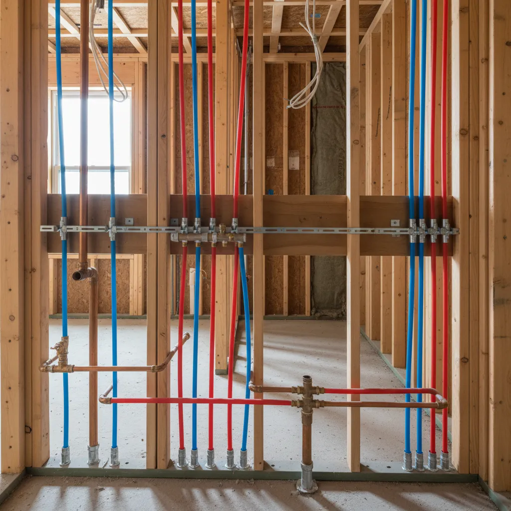 Organized bathroom plumbing pipes with proper spacing and support brackets