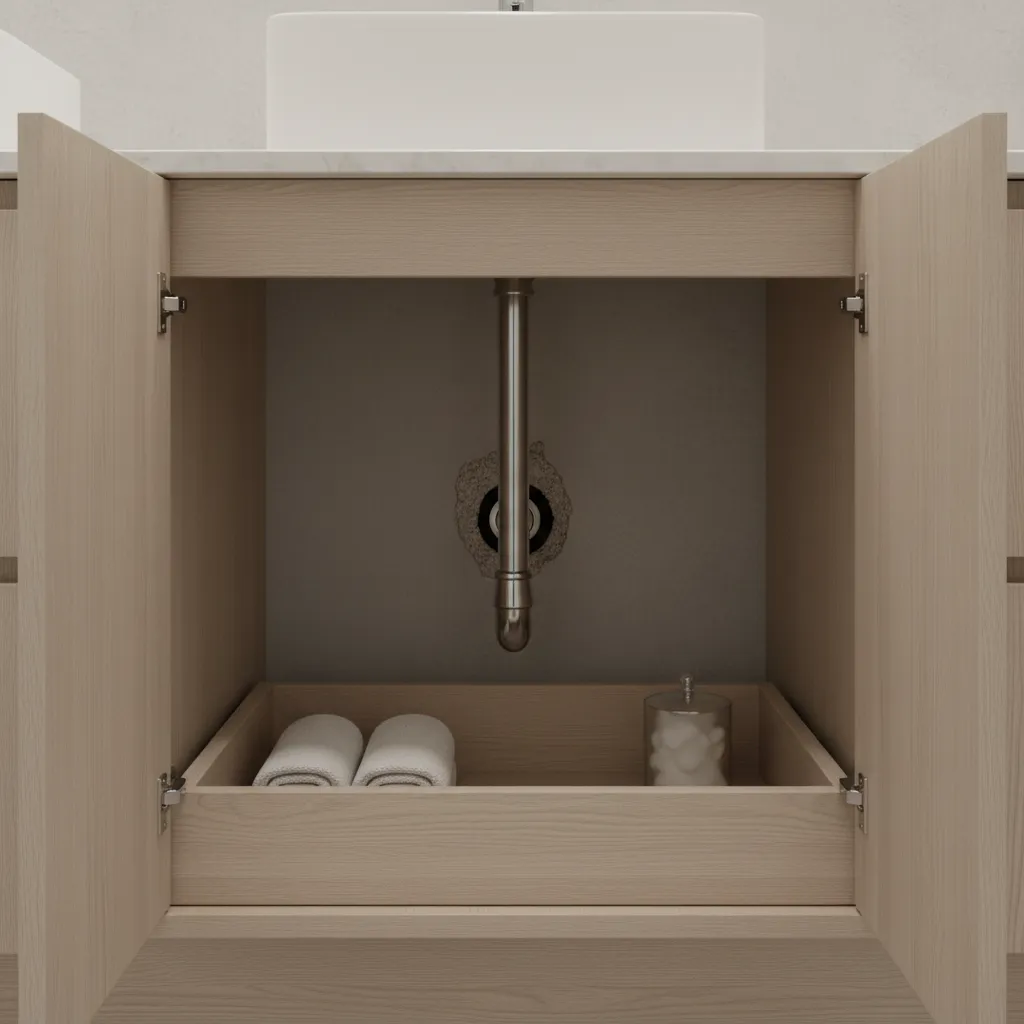 Bathroom sink cabinet showing plumbing pipe entry gaps in wall where insects may travel