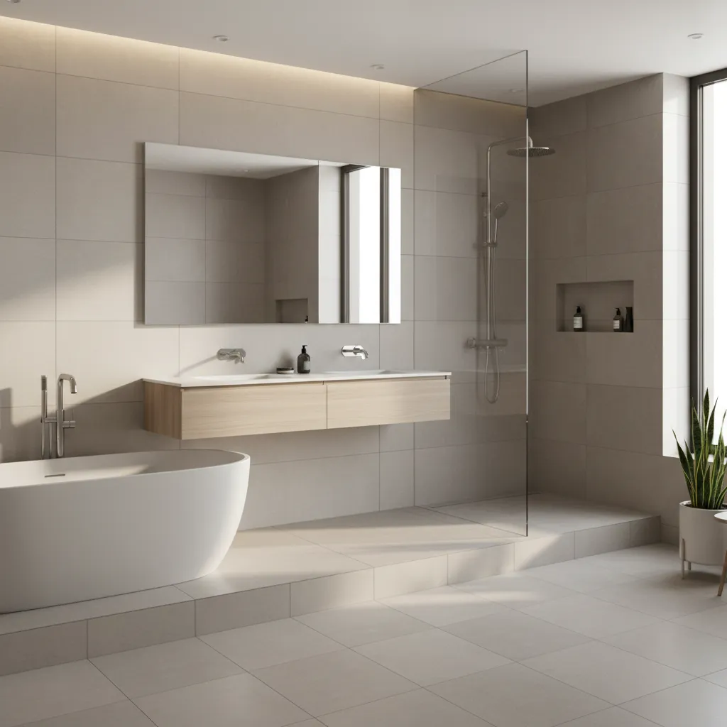 Baño moderno ubicado en la planta alta de una casa