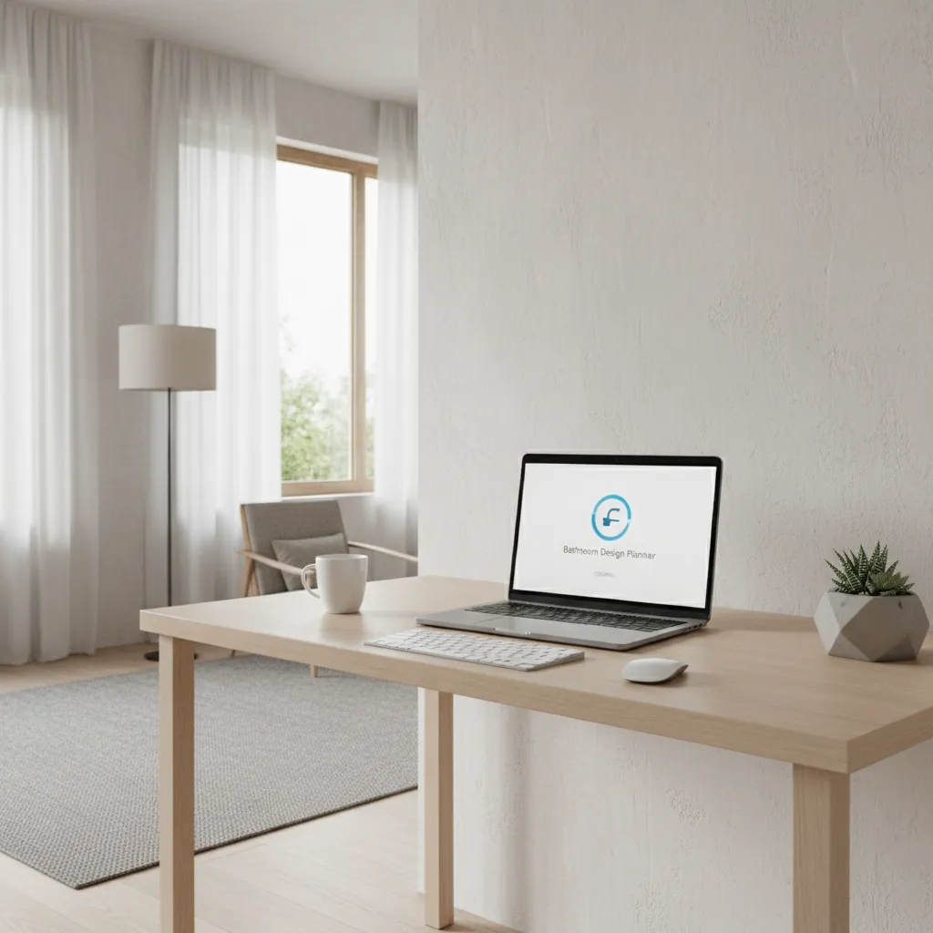 Laptop showing bathroom planner loading screen while user designs a bathroom layout