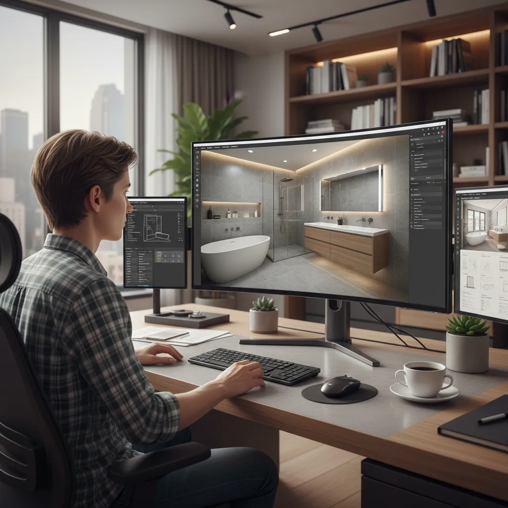 User attempting to save a bathroom layout design on a computer screen
