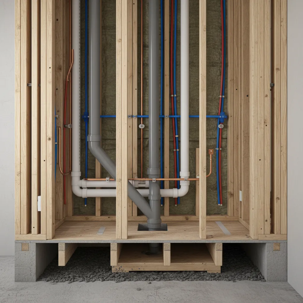 Bathroom plumbing pipes inside wall structure before interior finishing