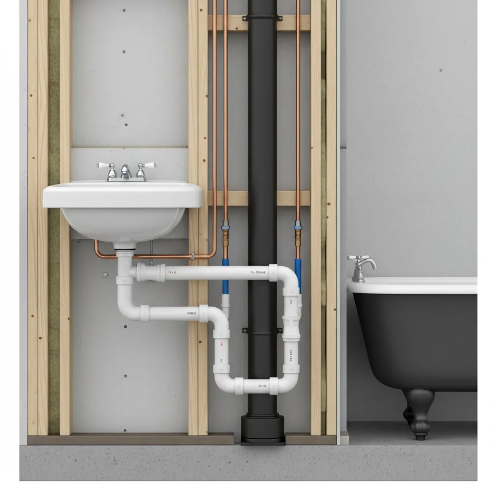 exposed bathroom plumbing layout showing horizontal drain pipes behind wall