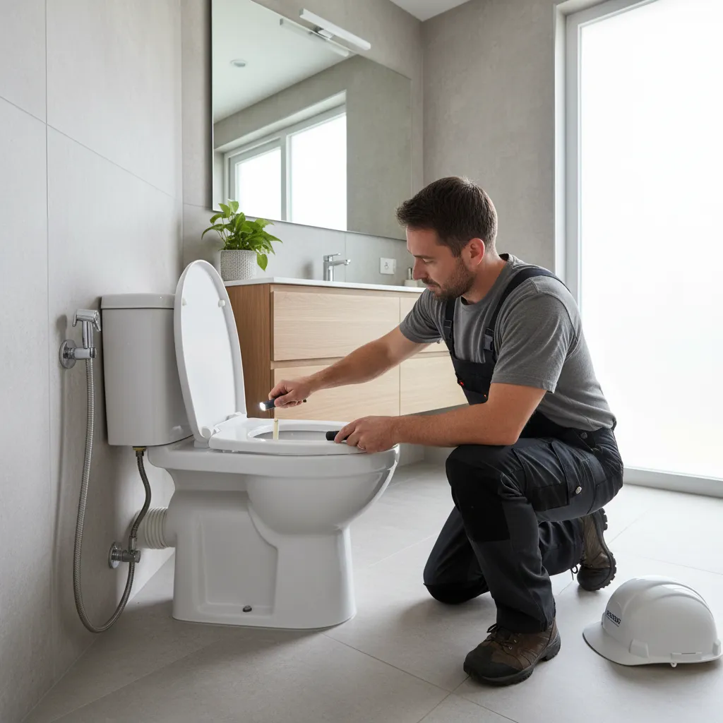 Professional plumber inspecting toilet tank plumbing connections