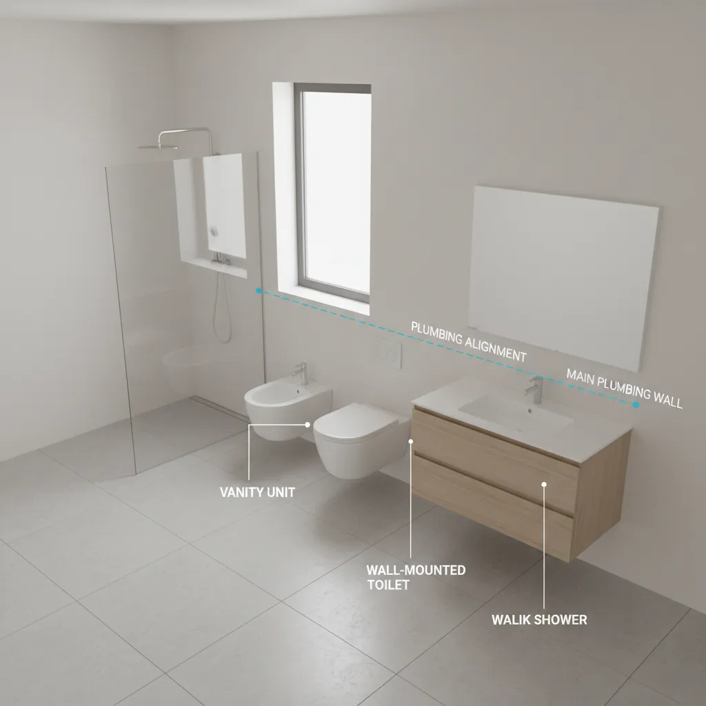 Bathroom layout showing fixtures aligned to keep plumbing in the same position