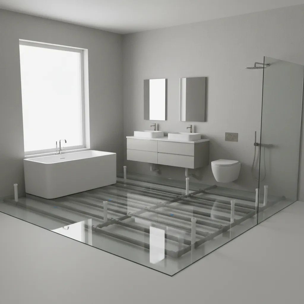 3d visualization of bathroom plumbing layout showing pipe slope and maintenance access