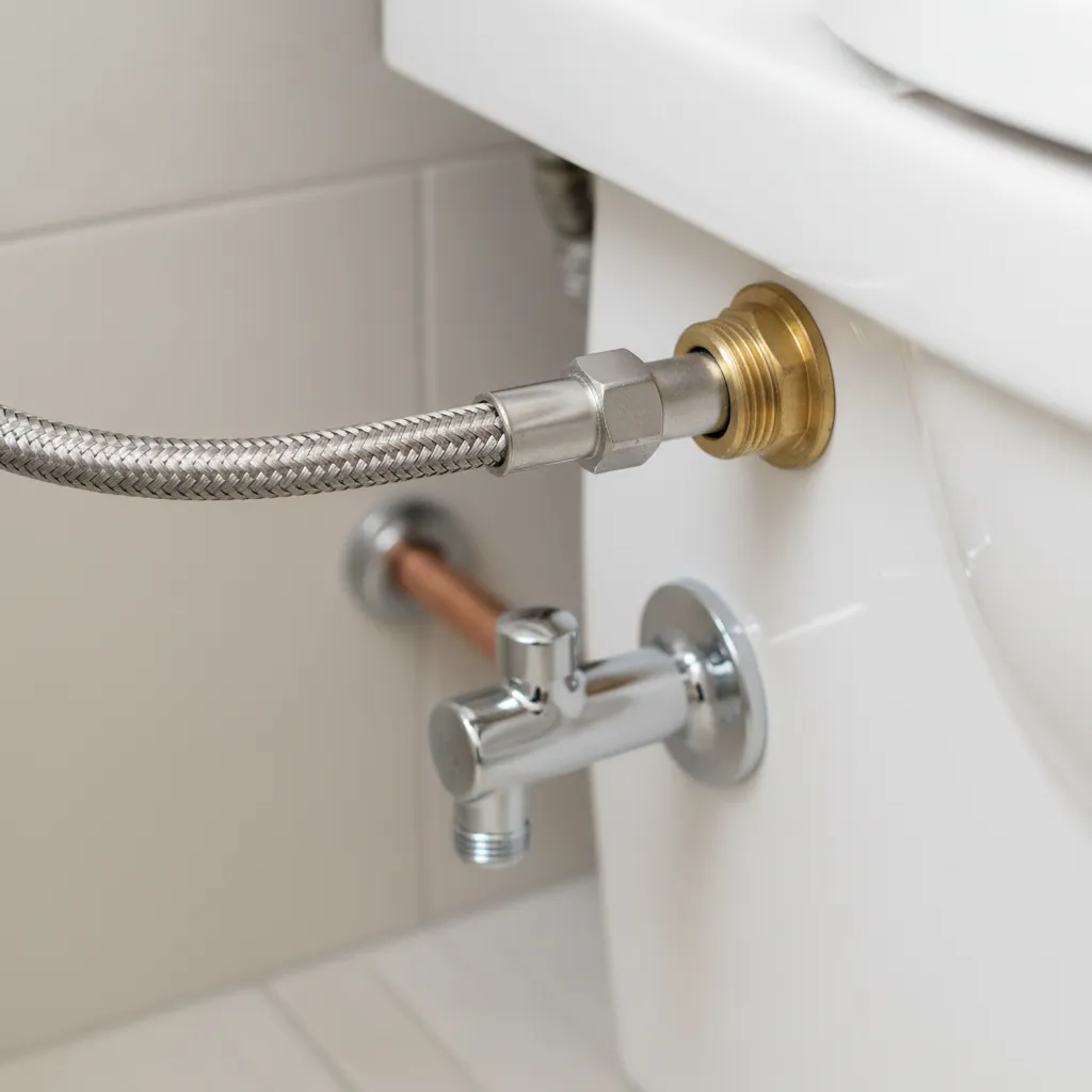 Close view of braided stainless steel toilet supply hose connection