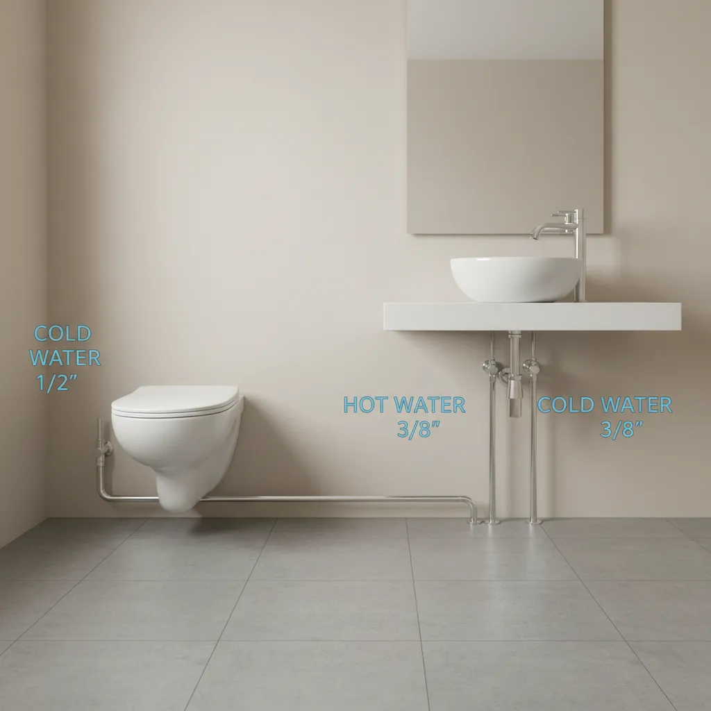 Bathroom plumbing layout showing pipe diameters and shutoff valve connections