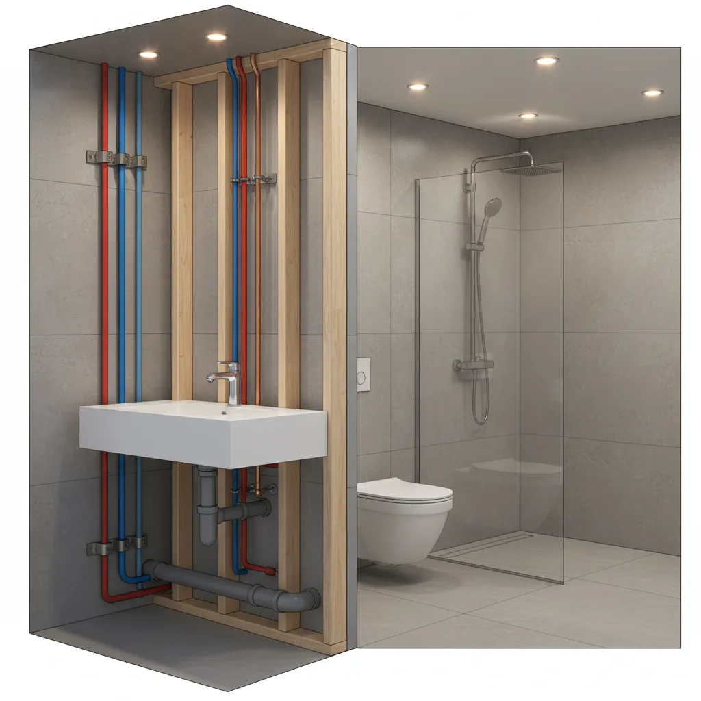 Exploded view of bathroom plumbing pipes behind wall and under sink
