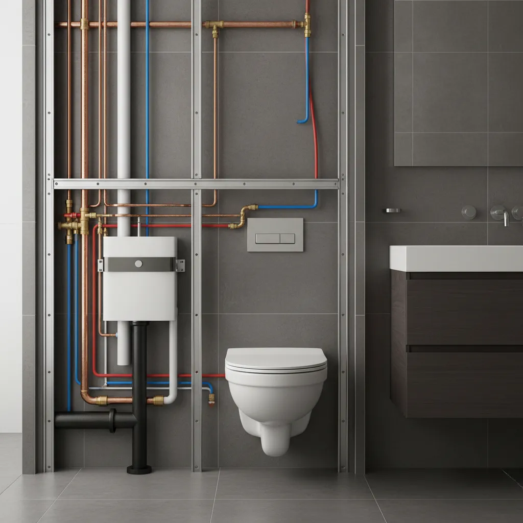 Bathroom wall showing organized plumbing pipes behind toilet installation