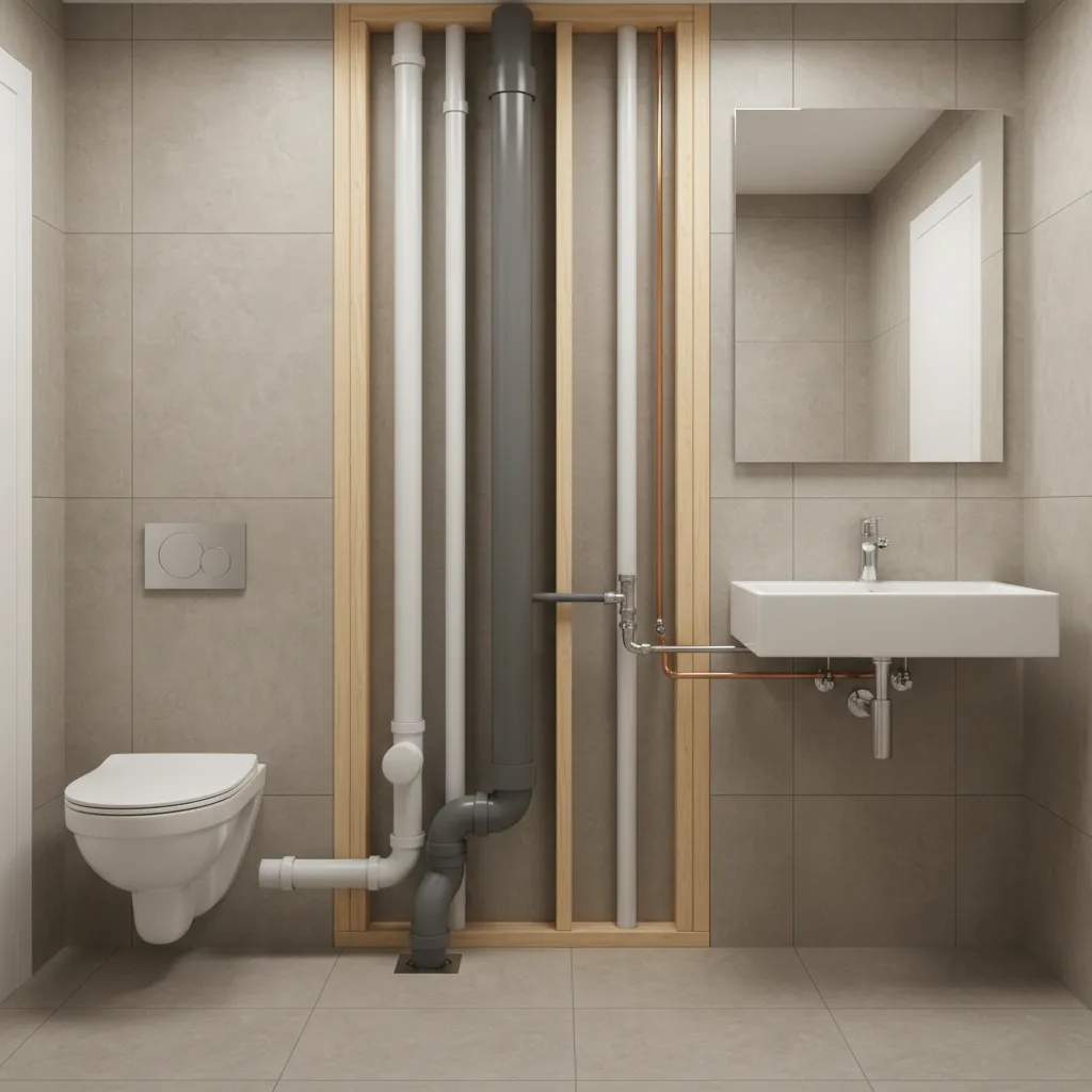 bathroom plumbing wall showing toilet and sink connected to main plumbing line