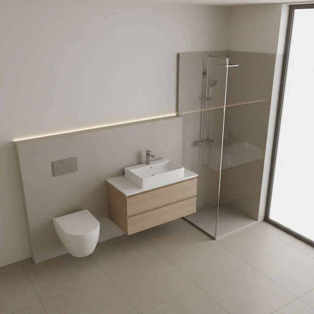 bathroom layout showing plumbing wall alignment for toilet sink and shower